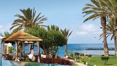 Gepflegter Garten mit Palmen und Pavillon direkt am Meer, im Hintergrund das ruhige Wasser unter blauem Himmel.