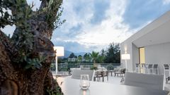 Moderne Terrasse mit eleganten Loungemöbeln, dezentem Licht und Blick auf Palmen, Bäume und umliegende Hügel – klare Linien und stilvolles Ambiente in sanften Farben.