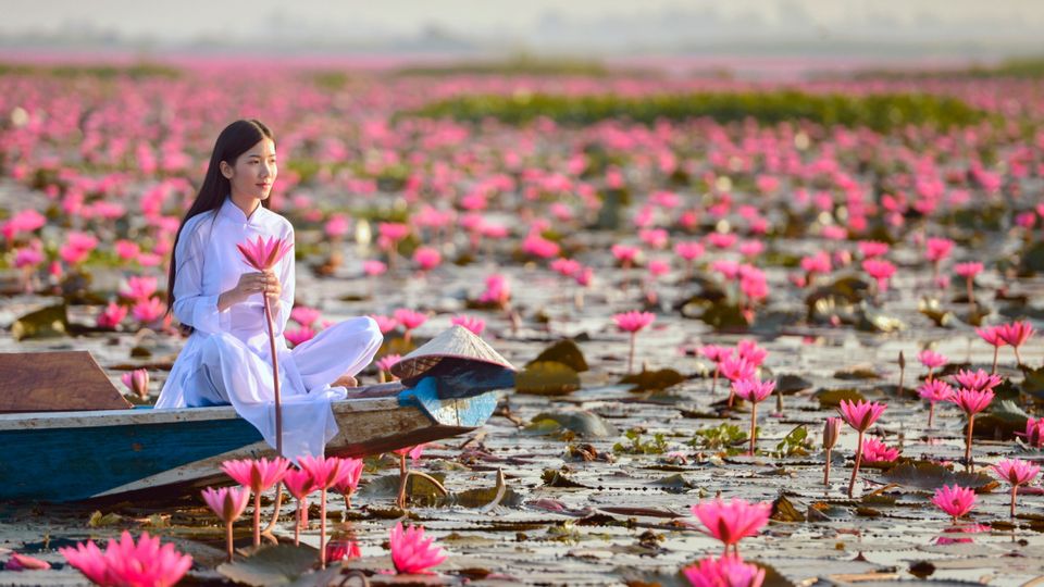 Frau im vietnamesischen Blütenmeer