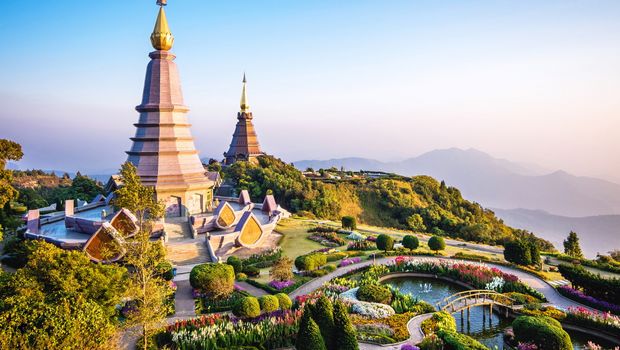 Doi Inthanon landmark twin pagodas at Inthanon mountain near Chiang Mai, Thailand