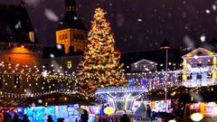 Christmas city market place in Tallinn town Hall Square, Illuminated tree,night light blurred ,people walking ,New year  holiday night celebrating  background travel to Europe 