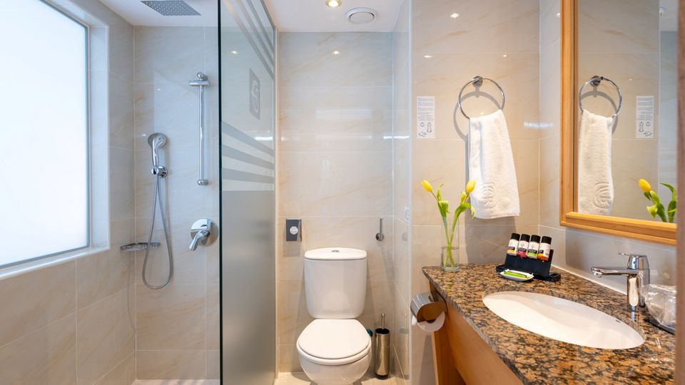 Modernes Badezimmer mit ebenerdiger Dusche, WC und großem Waschtisch mit Granitplatte.