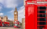London symbols with BIG BEN, DOUBLE DECKER BUS and Red Phone Booths