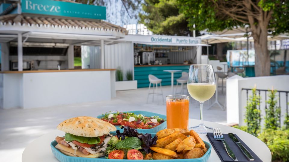Leckeres Mittagessen mit Sandwich, Salat und Kartoffelspalten auf einem Teller, dazu ein Glas Orangensaft und ein Glas Weißwein, serviert im Freien an einem modernen Gastro-Food-Stand unter schattigen Bäumen.