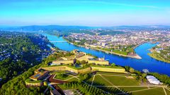 Koblenz, Festung Ehrenbreitstein und Moselmündung in den Rhein