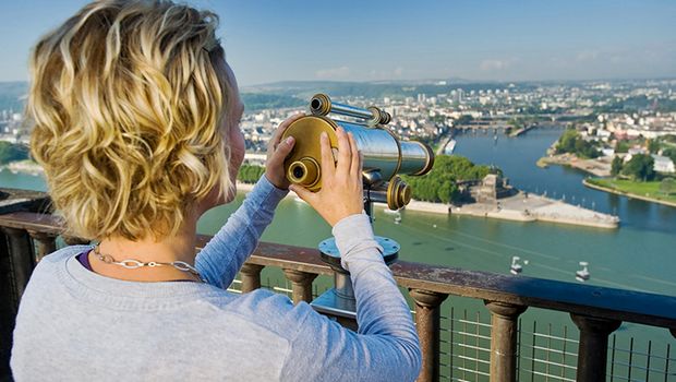 Koblenz, Blick auf das Deutsche Eck, Blick von Festung Ehrenbreitstein 