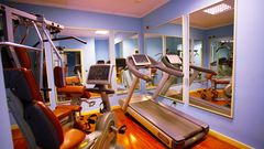 Kompakt ausgestatteter Fitnessraum mit Laufband, Ergometer, Kraftstation und großen Spiegeln – moderne Geräte auf glänzendem Holzfußboden in freundlicher Atmosphäre.